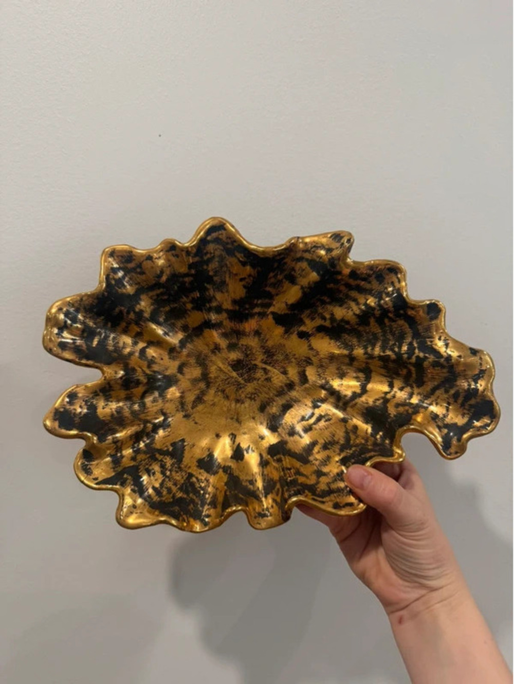 Vintage Stangl Black Gold Hand Decorated Ceramic Ruffled Bowl